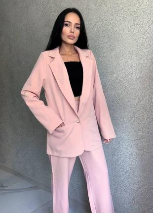 Костюм брючный классический женский костюм двойка пиджак жакет однобортный брюки штаны прямые на резинке пудровый розовый ткань костюмка