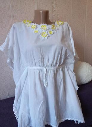 Пляжная туника платье легкая сорочка белая с декором хлопок!