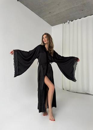 Халат максі на запах шовк з мереживом широкі рукави 3 кольори