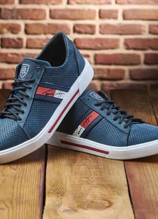 Кеды мужские hilfiger темно - синий, чоловічі шкіряні кеди з перфорованої шкіри3 фото
