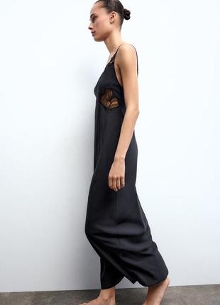 Черное платье в бельевом стиле с кружевными вставками zara2 фото
