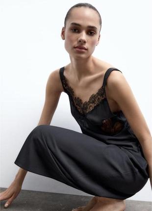 Черное платье в бельевом стиле с кружевными вставками zara3 фото