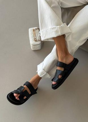 Натуральная кожа, трендовые черные женские шлепанцы