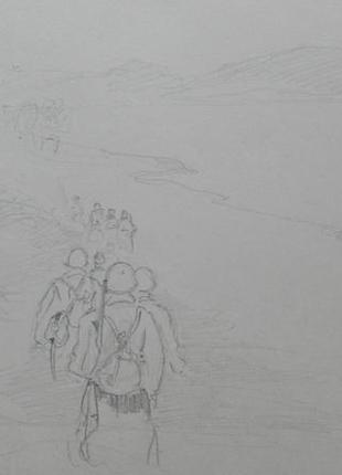 Рисунок движение советской пехоты в 1943г. у днепра , художник в.д.бушен (1880-1963гг). карандаш