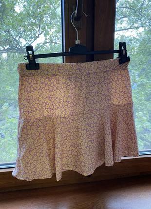 Літня спідниця-шорти юбка з квітковим принтом - рожевий колір м-l 46-48