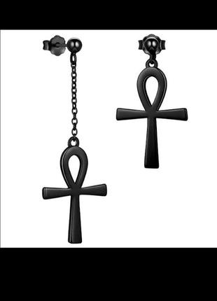 Крутые асимметричные сережки анх гвоздики крест рок готика серьги унисекс
