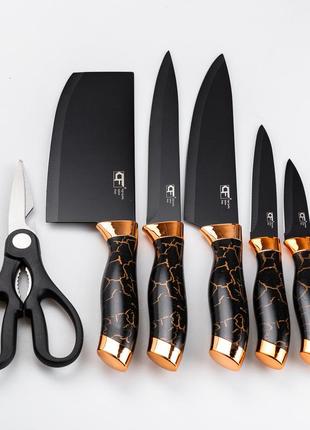 Набір кухонних ножів 5 штук + ножиці на підставці чорний2 фото