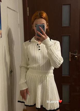 Преміальний молочний вʼязаний костюм в стилі олд мані спідниця міні+джемпер xs s m 42 44 468 фото