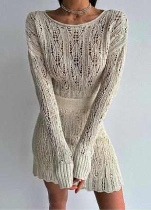 Невероятный ажурный костюм кофточка свободного кроя юбка с высокой посадкой на резинке короткая2 фото