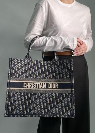 Сумка в стиле dior large book tote ecru and blue dior oblique embroidery