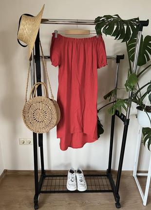 Червона літня міді сукня з кишенями льон