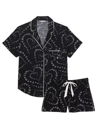 Пижама flannel short pajama set black swirl hearts victoria's secret
