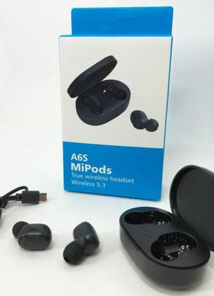 Навушники бездротові блютуз tws mipods a6s true, бездротові навушники для смартфона. колір чорний