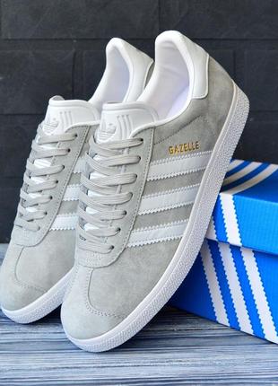 Фірмові чоловічі кросівки adidas gazelle адідас газель, замша сірі з білим, топ якість натурали