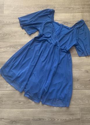 Голубое блестящее платье миди сетка