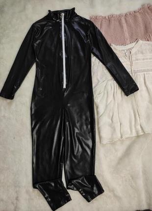 Черный кожаный латекс эротический комбинезон ромпер штанами на молнии замком стрейч