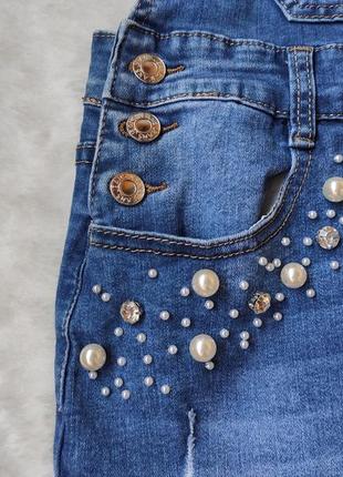 Синий джинсовый сарафан с юбкой мини комбинезон джинсовый стразами жемчужинами юбка4 фото