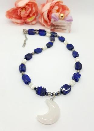 🌛💙оригинальное колье из натурального лазурита с подвеской месяц4 фото