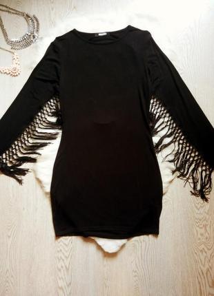 Черное мини платье стрейч натуральное с бахромой кисточками открытая спина нарядное