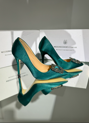 Праздничные атласные зеленые туфли для невесты в стиле manolo blahnik 10 cm