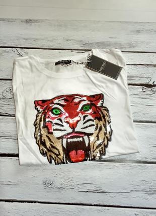 Біла футболка жіноча з тигром і паєтками sublevel