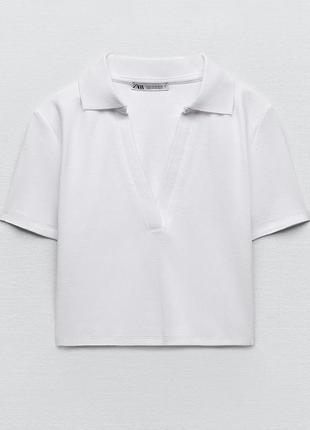 Хлопковая укороченная футболка с воротником поло zara.4 фото