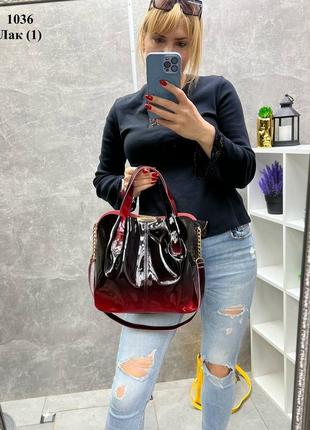 Женская стильная и качественная сумка из эко кожи черная с красным лак 4 расцветки3 фото