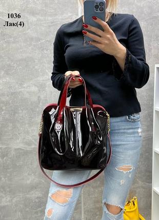 Женская стильная и качественная сумка из эко кожи черная с красным лак 4 расцветки4 фото