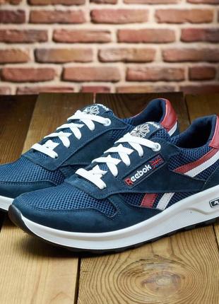 Чоловічі кросівки у стилі reebok з натуральної шкіри та сітки в синьому кольорі