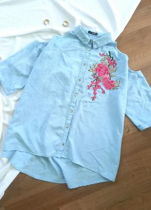 Голубая рубашка с вышивкой plus size, рубашка с открытыми плечами, блузка с вышивкой