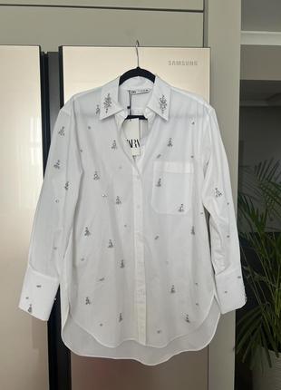 Шикарная новая белая рубашка оверсайз в стразах zara размер м