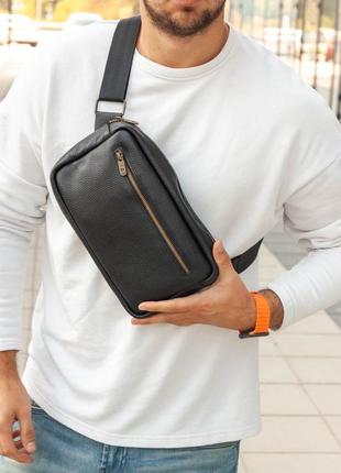 Мужская шикарная качественная и стильная сумка слинг из натуральной кожи черная2 фото
