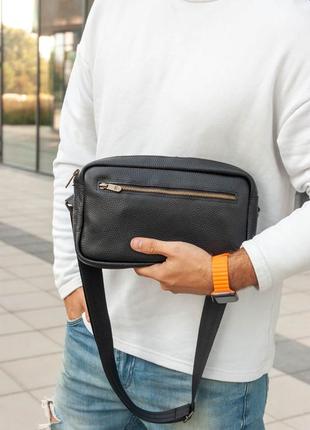 Мужская шикарная качественная и стильная сумка слинг из натуральной кожи черная3 фото