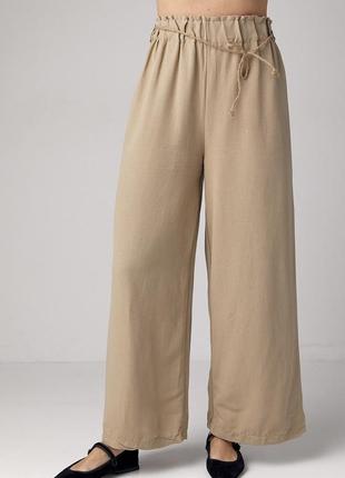 Льняные брюки на резинке с поясом кофейные мокко
