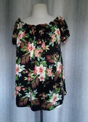 95% вискоза натуральная футболка трикотажная блуза блузка топ открытые плечи тропический принт