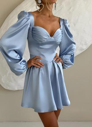 Міні сукня сатинова коротке блакитне плаття з чашками