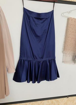 Атласная юбка рыбка / элегантная вечерняя юбка карандаш. отстегивающийся волан. кобальт. миди/миды юбка уголюр