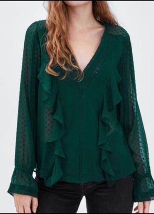 Зеленая полупрозрачная блузка блуза женская с рукавами под винтаж