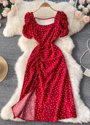 Платье миди в горох рукава фонарики со сборкой с разрезом платья красная черная белая макси длинная летняя весенняя трендовая стильная1 фото