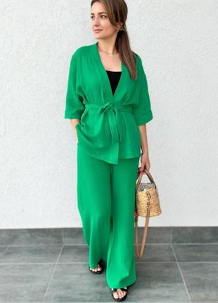 Зелений жіночий мусліновий брючний костюм широкі штани палаццо сорочка оверсайз вільного крою жіночий прогулянковий повсякденний костюм муслін