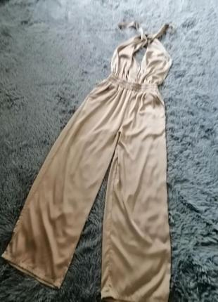 Шикарный шёлковый ромпер комбинезон длинные широкие брюки palace с карманами палаццо1 фото