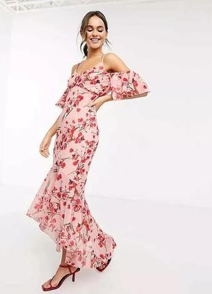 Платье макси с оборками и рыбьим хвостом розовое в красные цветы little mistress размер 363 фото