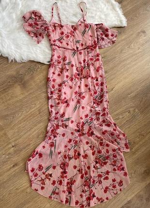 Платье макси с оборками и рыбьим хвостом розовое в красные цветы little mistress размер 368 фото