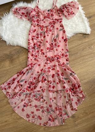 Платье макси с оборками и рыбьим хвостом розовое в красные цветы little mistress размер 364 фото
