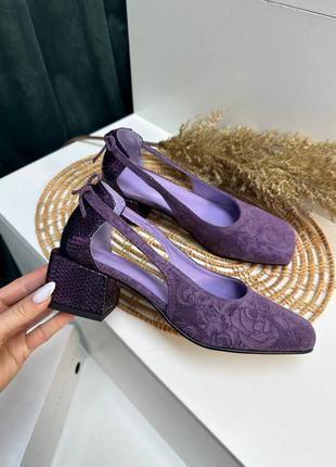 Фиолетовые лавандовые сиреневые туфли с квадратными носками3 фото