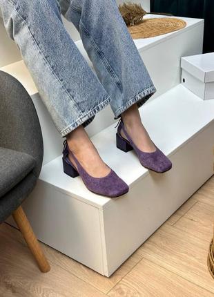 Фиолетовые лавандовые сиреневые туфли с квадратными носками5 фото