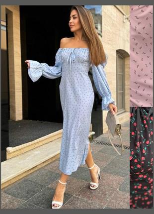 Платье миди женское в цветочек крестьянка приталенное корсетное со шнуровкой прямого кроя с рукавами фонариками буф чёрное персиковое голубое