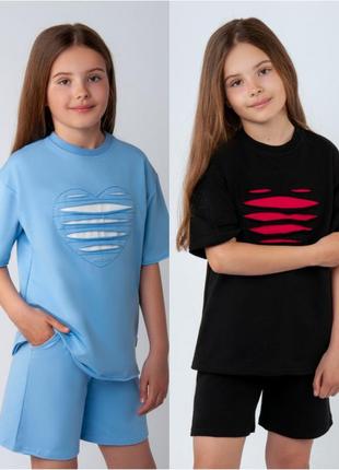 6 кольорів 🌈 літній комплект для дівчат, підлітковий комплект футболка та шорти, стильний костюм ліній, летний комплект футболка и шорты