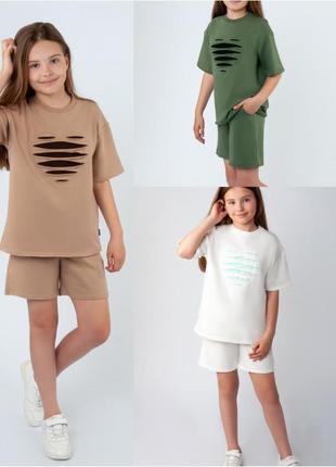 5 кольорів🌈літній комплект для дівчат, стильний комплект футболка та шорти, летний костюм футболка оверсайз и шорты, модний костюм літній