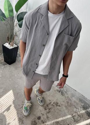 Серый летний льняной костюм мужской рубашка шорты